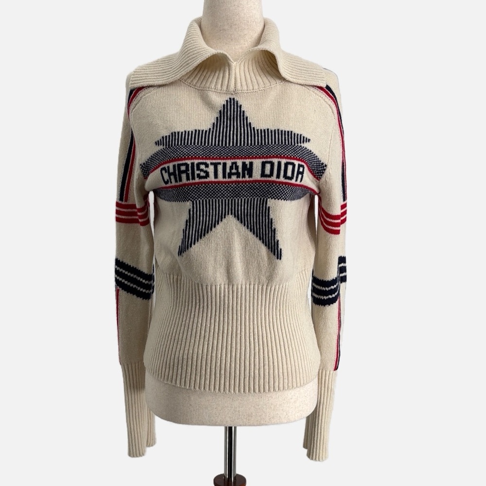 Christian Dior Archive Cashmere Wool Intarsia Star Logo Pullover Sweater IT 44